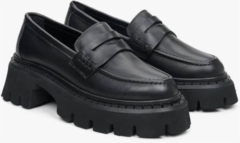 Estro Zwarte Leren Loafers Black Dames