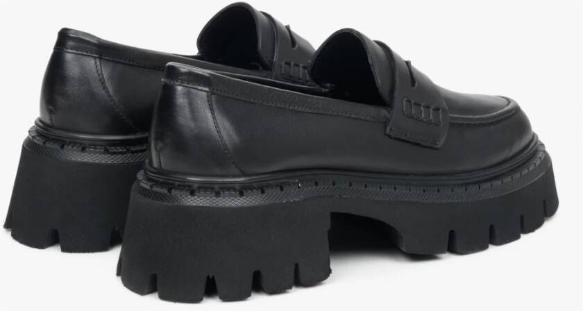 Estro Zwarte Leren Loafers Black Dames