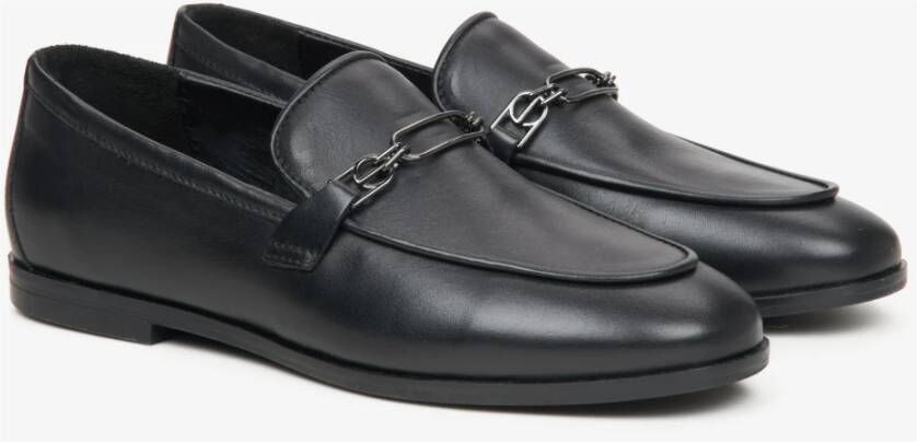 Estro Zwarte Damesloafers van Echt Leer met een Ketting Er00115616 Black Dames