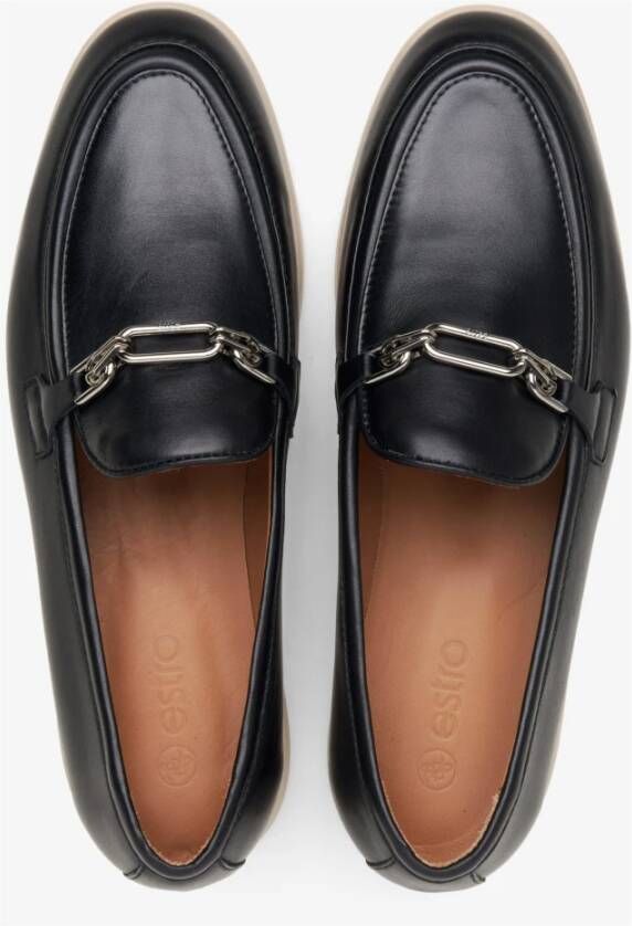 Estro Zwarte loafers voor dames gemaakt van premium Italiaans echt leer met een zilveren ketting Black Dames