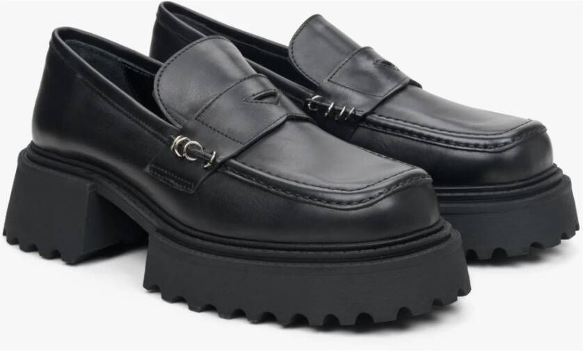 Estro Dames Zwarte Leren Loafers gemaakt van Echt Leer met Zilveren Versieringen Er00113788 Black Dames