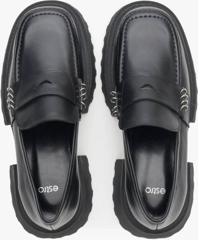 Estro Dames Zwarte Leren Loafers gemaakt van Echt Leer met Zilveren Versieringen Er00113788 Black Dames