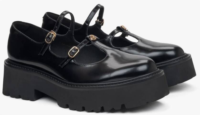 Estro Zwarte leren Mary Jane Brogues voor vrouwen met decoratieve gespen Black Dames