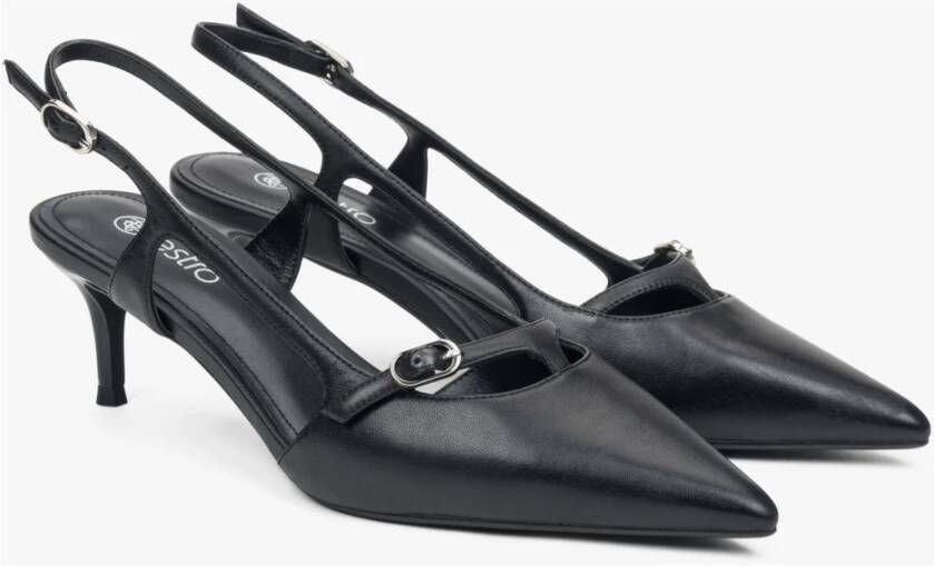 Estro Zwarte leren slingback lage hak pumps voor dames Black Dames