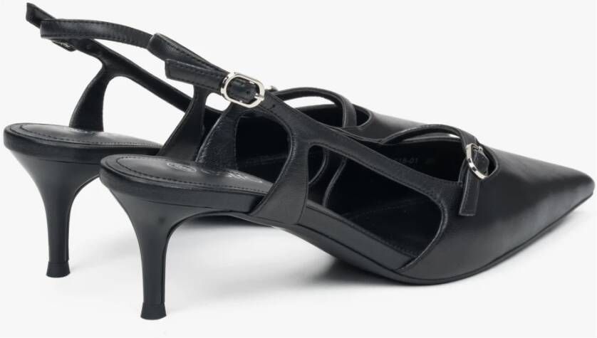 Estro Zwarte leren slingback lage hak pumps voor dames Black Dames