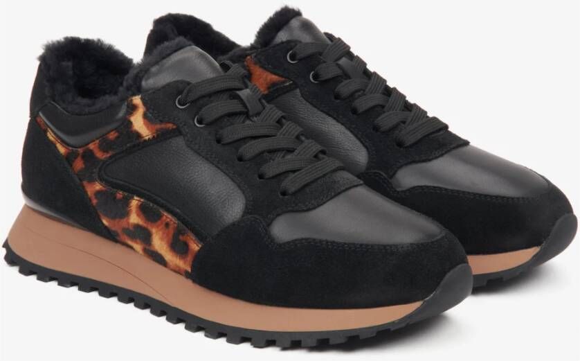 Estro Zwarte leren sneakers voor dames voor de winter met bontvoering Black Dames