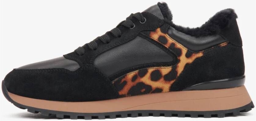 Estro Zwarte leren sneakers voor dames voor de winter met bontvoering Black Dames