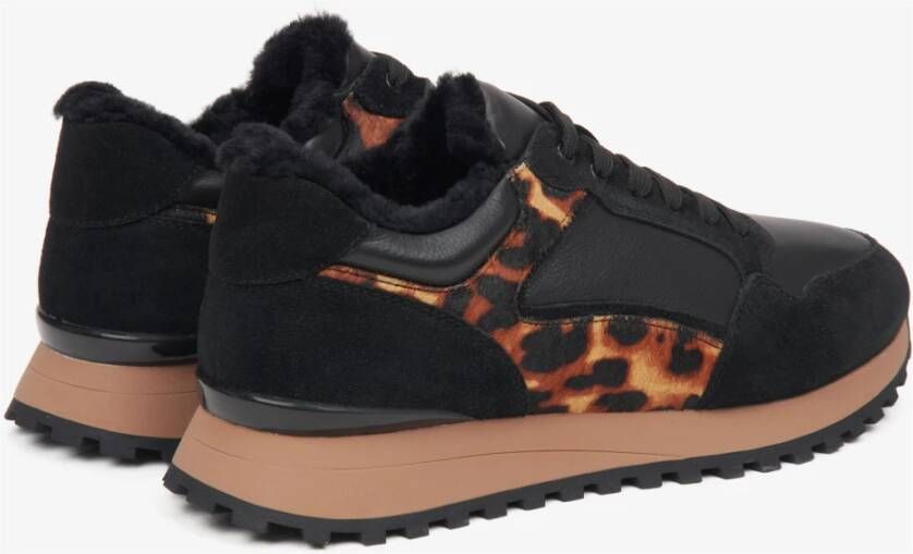 Estro Zwarte leren sneakers voor dames voor de winter met bontvoering Black Dames