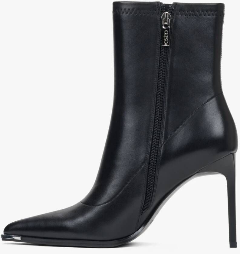 Estro Zwarte Leren Stiletto Enkellaarzen met Elastische Schacht Black Dames