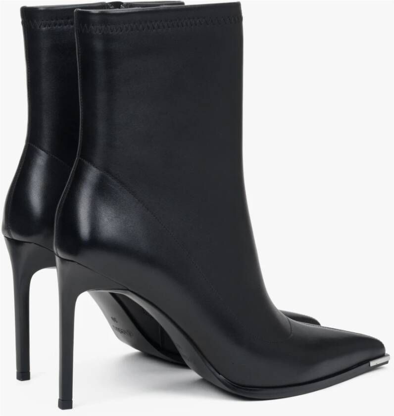 Estro Zwarte Leren Stiletto Enkellaarzen met Elastische Schacht Black Dames