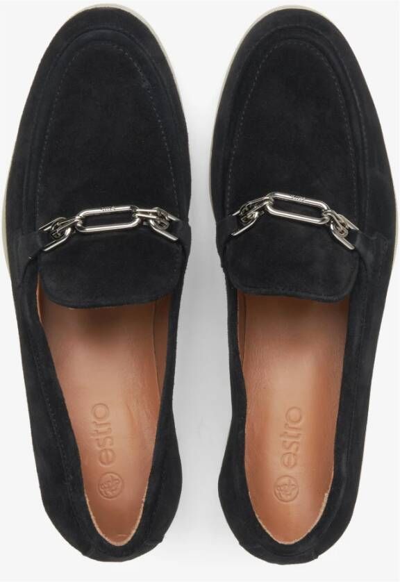 Estro Zwarte loafers voor dames gemaakt van premium Italiaans echt velours met een zilveren ketting Black Dames