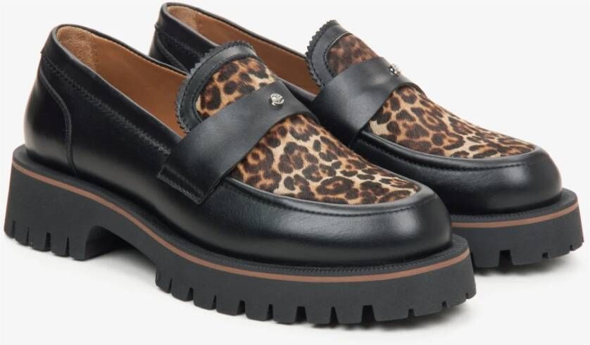 Estro Zwarte Dames Loafers gemaakt van Italiaans Echt Leer met Luipaardprint Er00115837 Black Dames