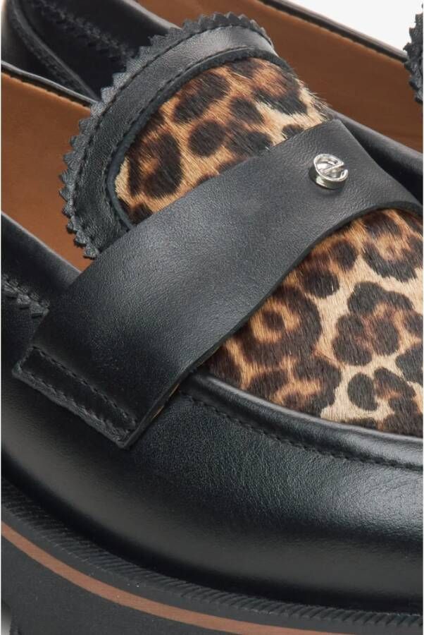 Estro Zwarte Dames Loafers gemaakt van Italiaans Echt Leer met Luipaardprint Er00115837 Black Dames