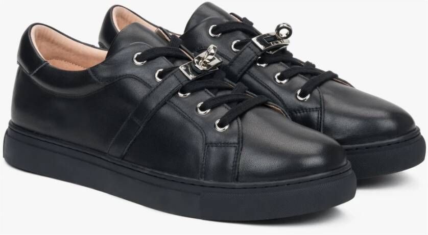 Estro Zwarte Premium Leren Lage Sneakers voor Vrouwen Black Dames