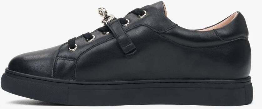 Estro Zwarte Premium Leren Lage Sneakers voor Vrouwen Black Dames