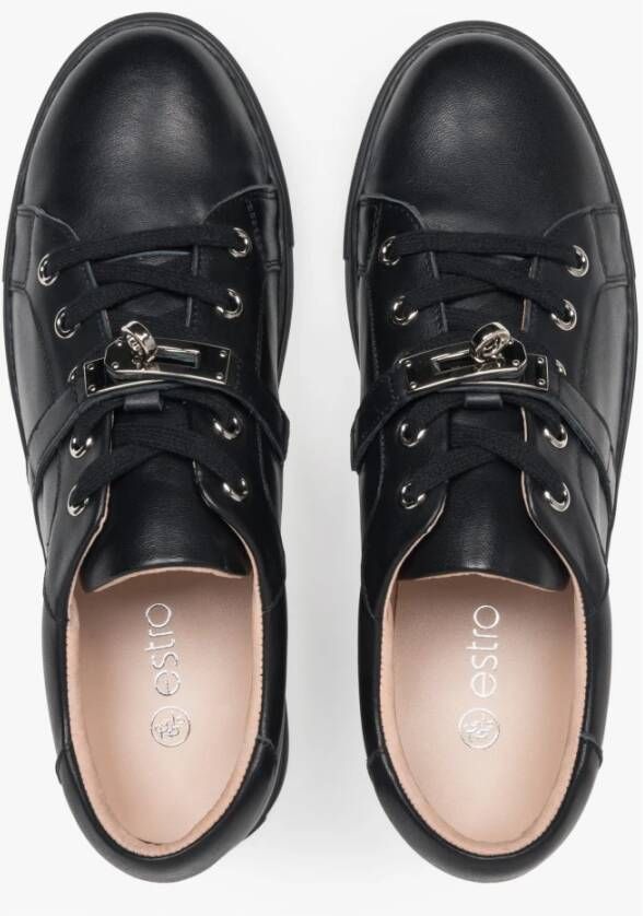 Estro Zwarte Premium Leren Lage Sneakers voor Vrouwen Black Dames