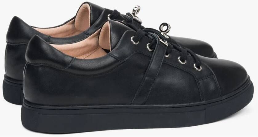 Estro Zwarte Premium Leren Lage Sneakers voor Vrouwen Black Dames