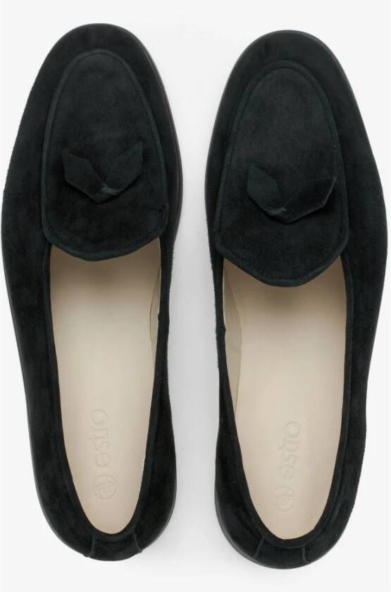 Estro Dames Zwarte Loafers gemaakt van Italiaans Echt Velours met Franjes Black Dames