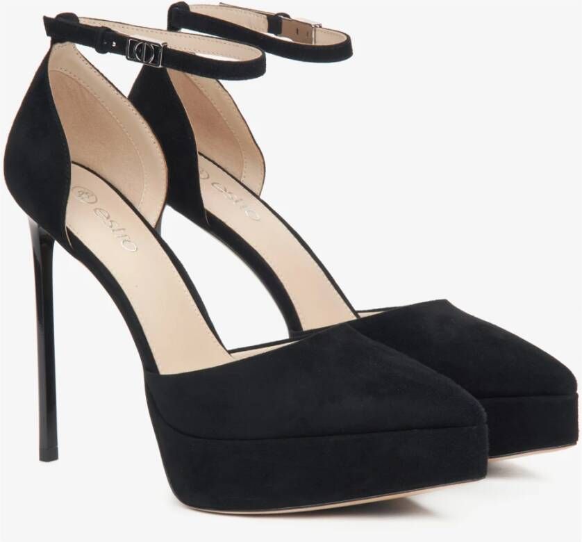 Estro Dames Zwarte Velours Plateau Pumps met Enkelband Black Dames