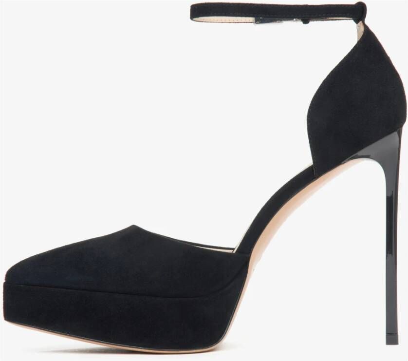 Estro Dames Zwarte Velours Plateau Pumps met Enkelband Black Dames