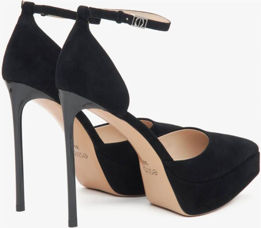 Estro Dames Zwarte Velours Plateau Pumps met Enkelband Black Dames