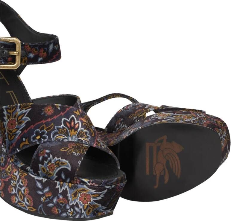 ETRO Zwarte Velvet Plateau Sandalen met Bloemenprint Multicolor Dames