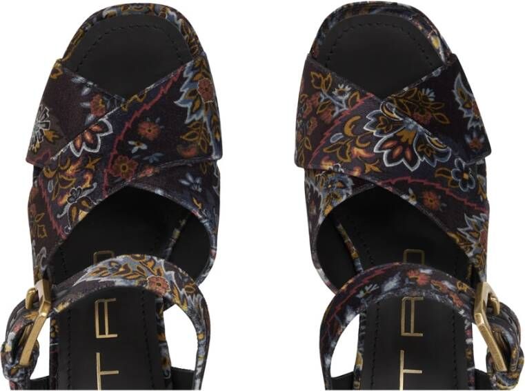 ETRO Zwarte Velvet Plateau Sandalen met Bloemenprint Multicolor Dames