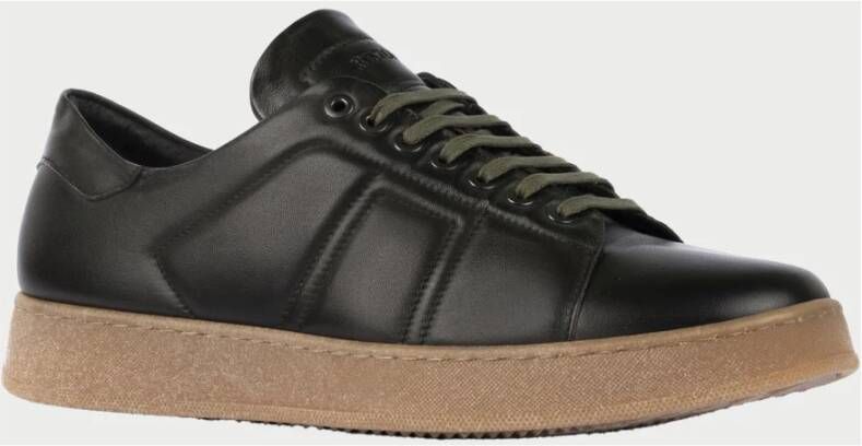 Exton Groene Leren Sneakers Ronde Neus Vetersluiting Brown Heren