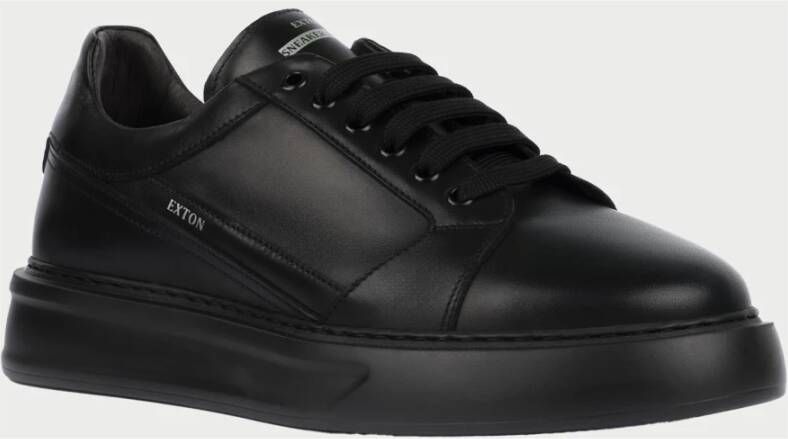 Exton Zwarte Leren Lage Sneakers Black Heren