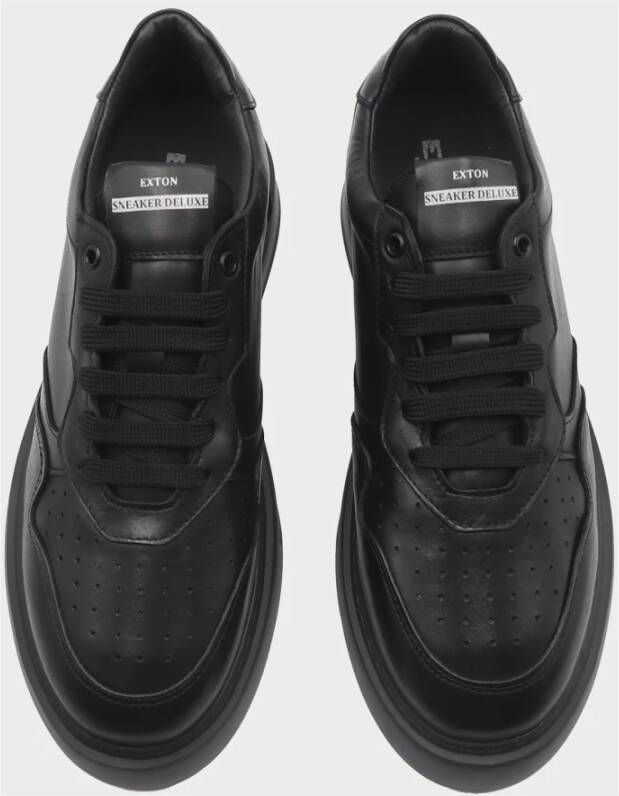 Exton Zwarte Leren Lage Sneakers Black Heren