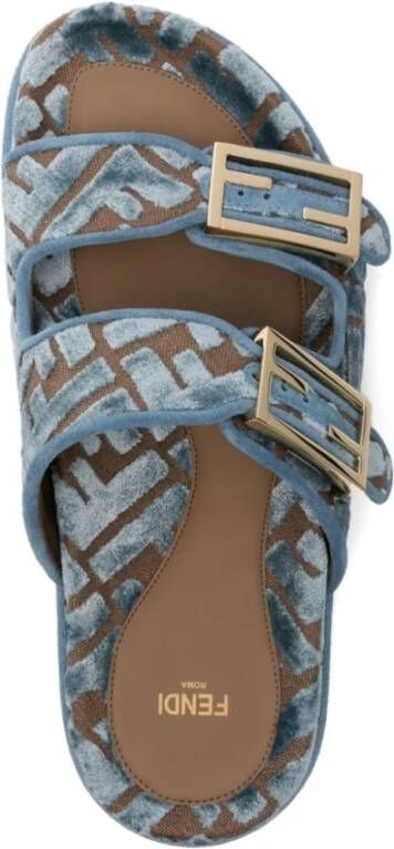 Fendi Blauwe Dubbele Gesp Platte Sandalen Blue Dames