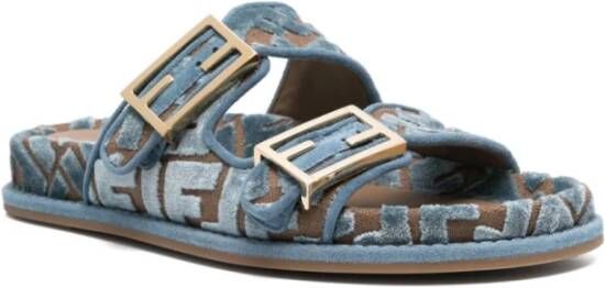 Fendi Blauwe Dubbele Gesp Platte Sandalen Blue Dames