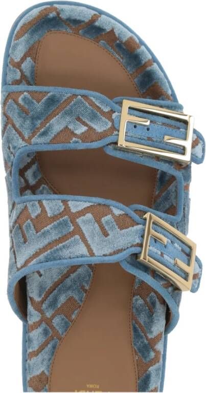 Fendi Blauwe Jacquard Platte Sandalen Blue Dames