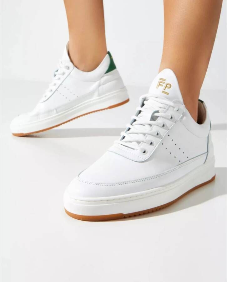 Filling Pieces Witte leren sneakers met groene details White Heren