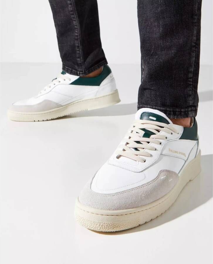 Filling Pieces Witte leren sneakers Ronde neus Groene accenten White Heren