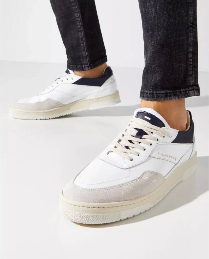 Filling Pieces Witte leren sneakers Ronde neus Marine accenten White Heren