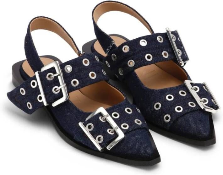 Ganni Blauwe Denim Slingback Platte Schoenen Blue Dames