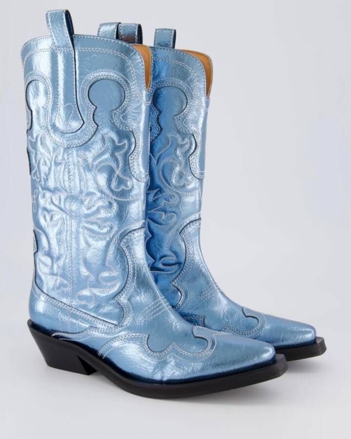 Ganni Geborduurde Western Boot Blauw Blue Dames