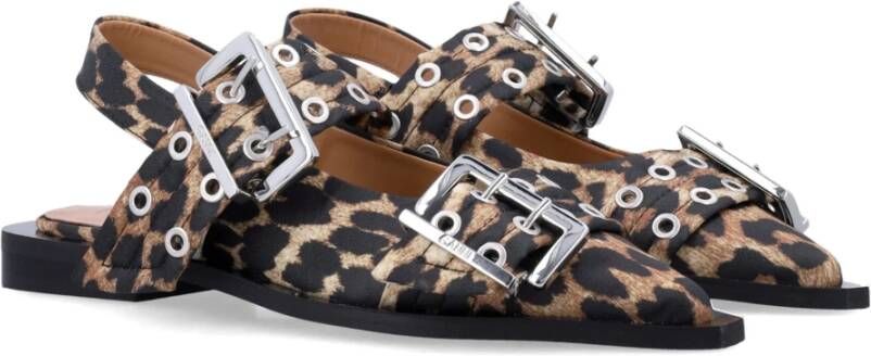 Ganni Leopard Satin Ballerina met Slingback Straps Multicolor Dames