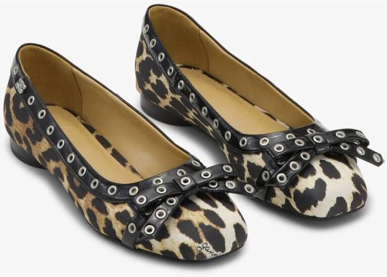 Ganni Leopard Satin Bow Ballerinas Brown Dames