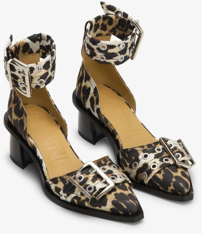 Ganni Leopard Satin Open Cut Pumps Brown Dames