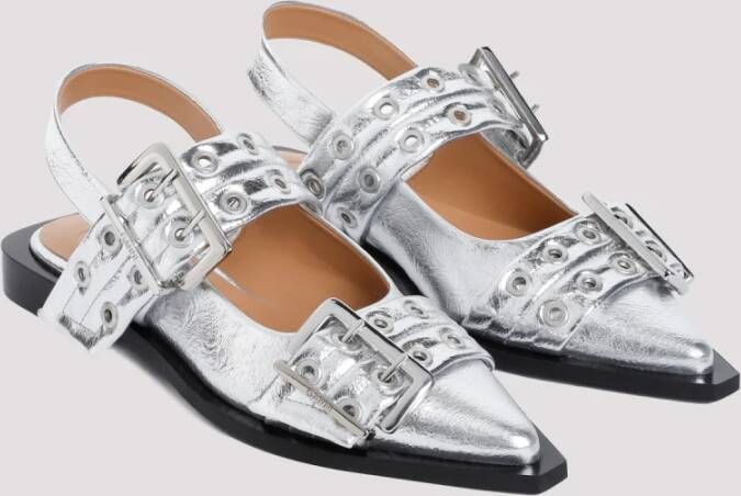 Ganni Metallic Buckle Ballerina Schoenen Gray Dames