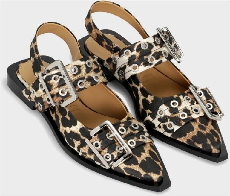 Ganni Satin Print Gesp Ballerina Schoenen Brown Dames