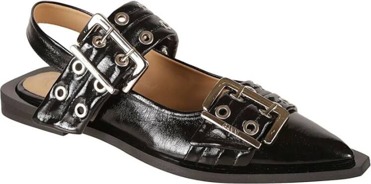 Ganni Chunky Silver-toned metal Buckle ballet flats Black Dames