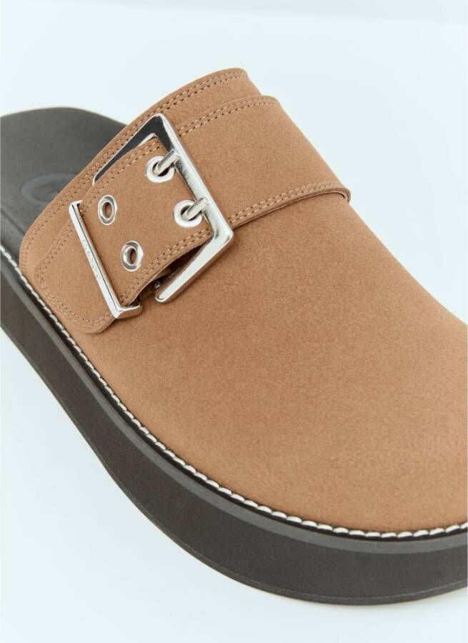 Ganni Suede Buckle Mules Flatform Schoenen Brown Dames