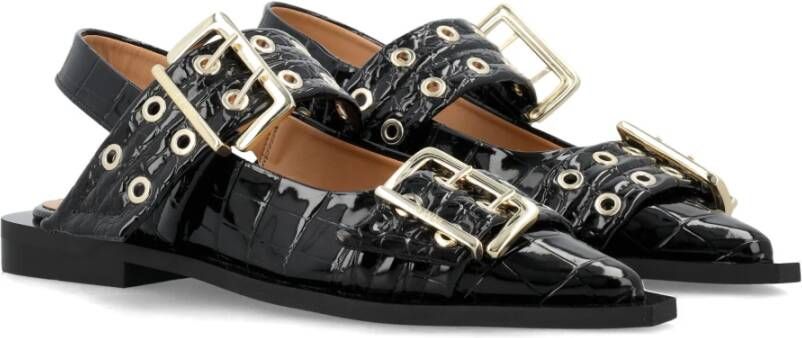 Ganni Zwarte Croco Gesp Ballerina Schoenen Black Dames