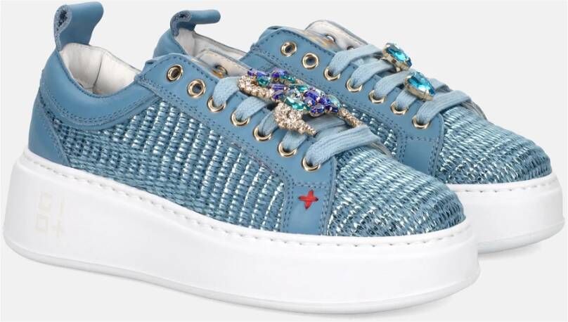 Gio+ Blauwe Leren Sneakers met Raffia Blue Dames