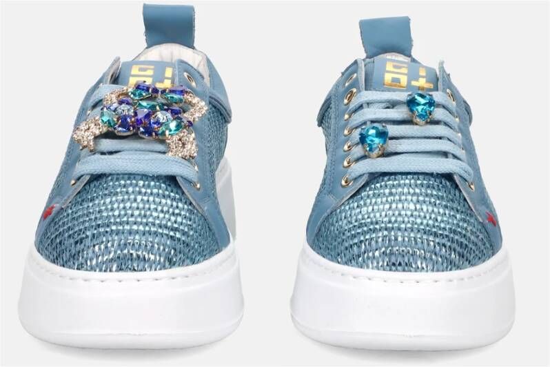 Gio+ Blauwe Leren Sneakers met Raffia Blue Dames