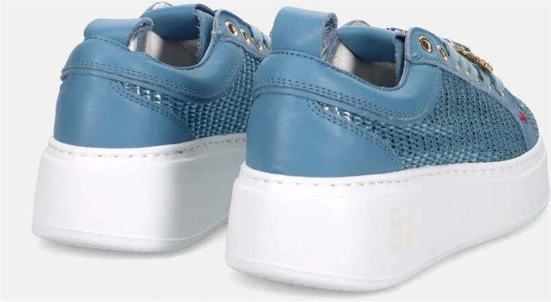 Gio+ Blauwe Leren Sneakers met Raffia Blue Dames