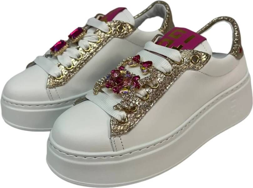 Gio+ Witte kalfsleren sneaker met verwijderbare accessoires White Dames